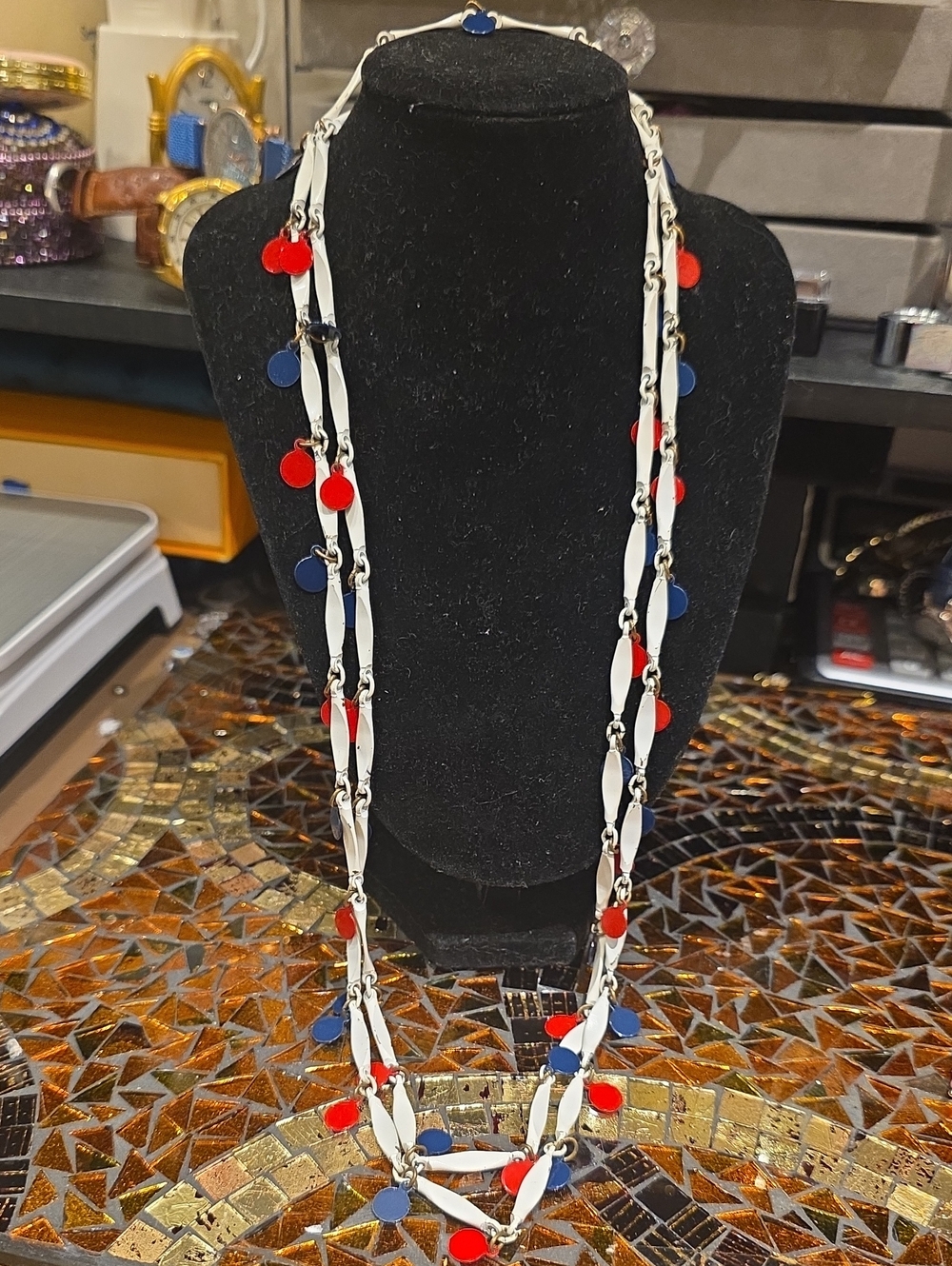 Vintage White Necklace with Red & Blue Discs